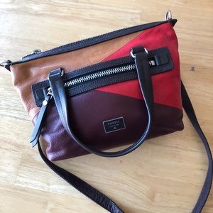 Fossil Dawson Red Multi Leather Satchel